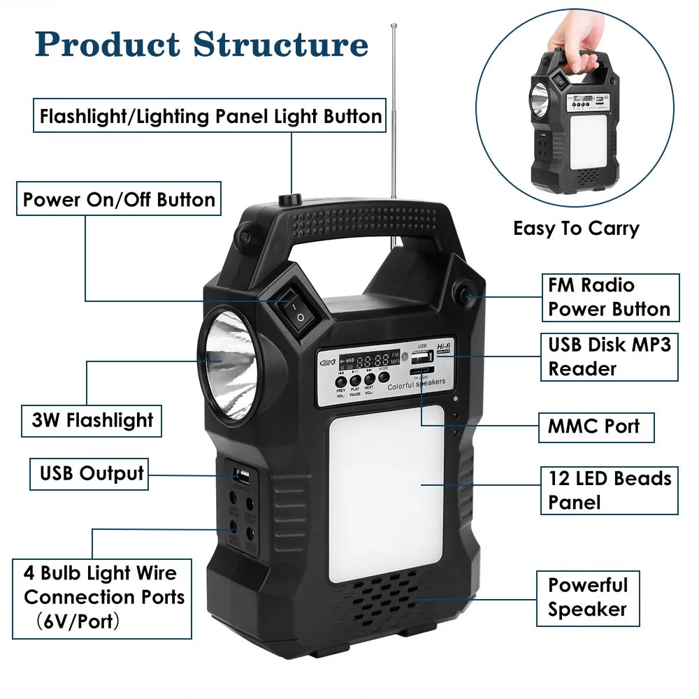 Generator,  Portable Power Station Solar Generator with LED Display / MP3 Player / FM Radio / 3 Camp Lamps, for Camping Outdoor Family Rv Emergency